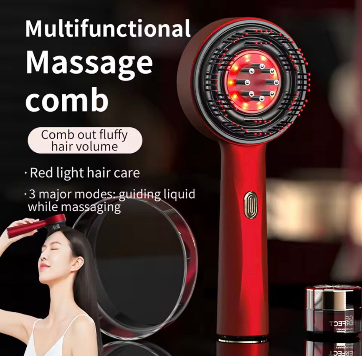 مشط مساج كهربائي بـ 3 أوضاع – محمول مع ضوء أحمر وليزر لتنشيط بصيلات الشعر + أداة توزيع الزيوت